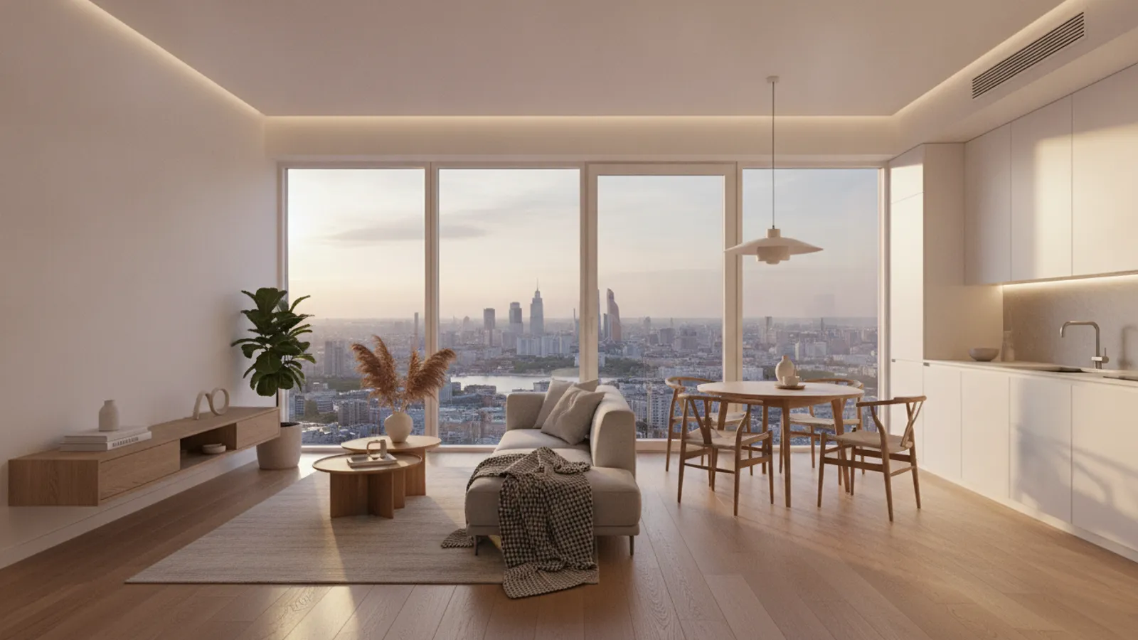 Photorealistic minimalist Moscow apartment interior with city view