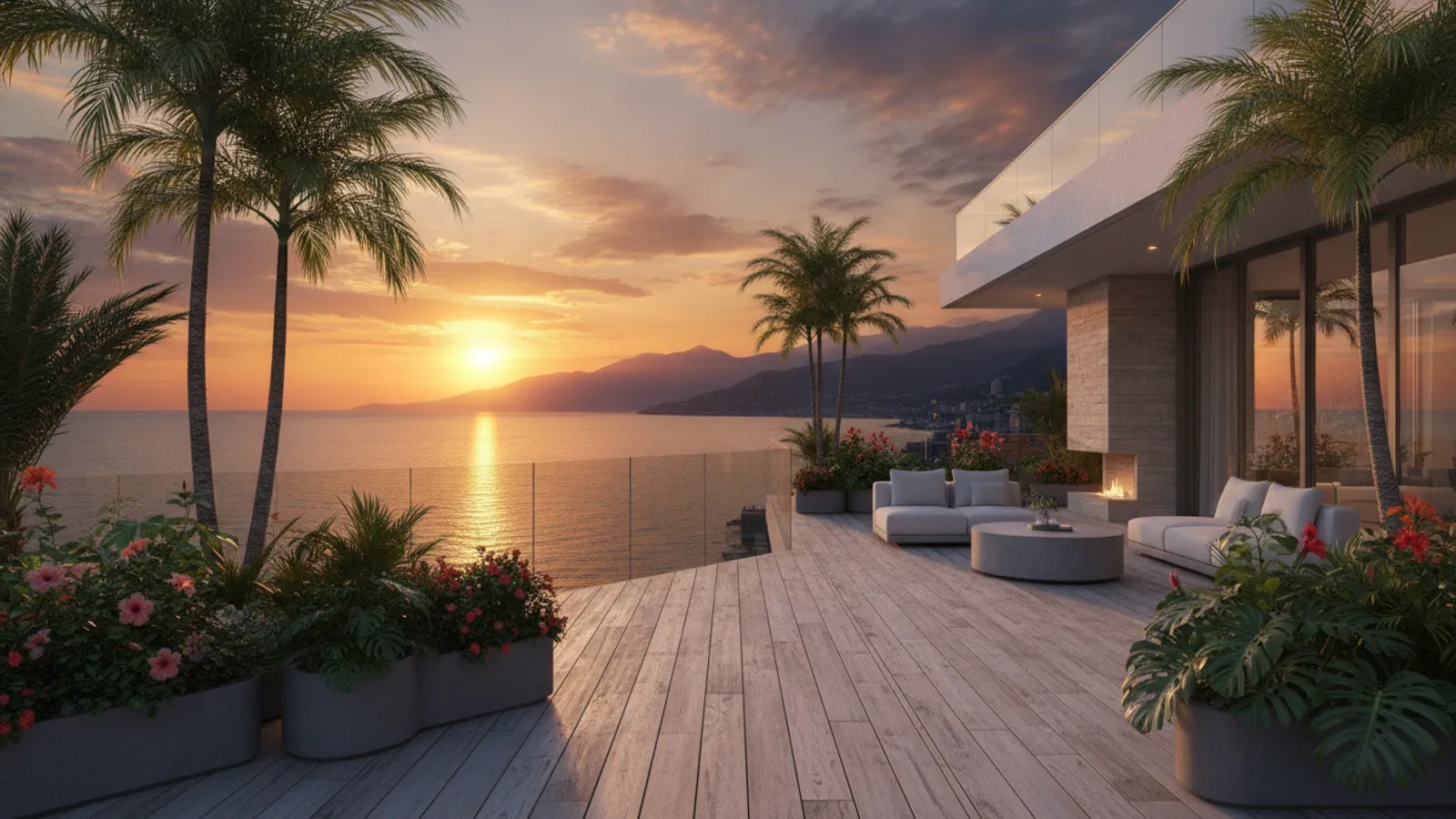 Apartment terrace with Black Sea and mountain view in Sochi at sunset
