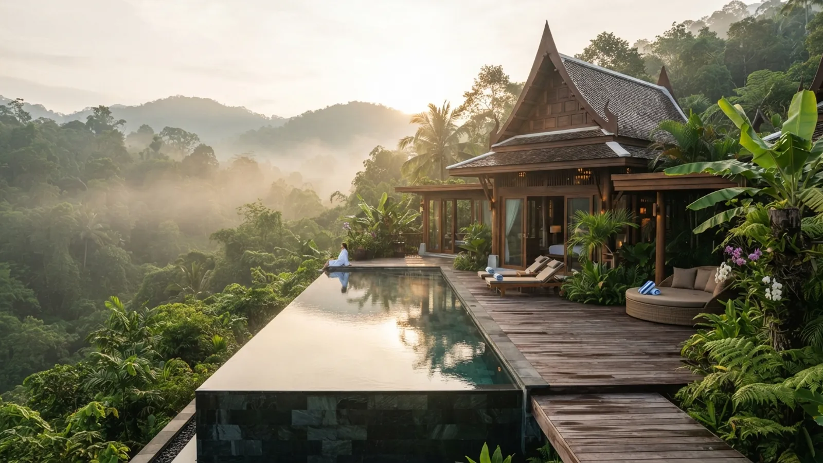 Modern Thai villa with infinity pool in tropical jungle