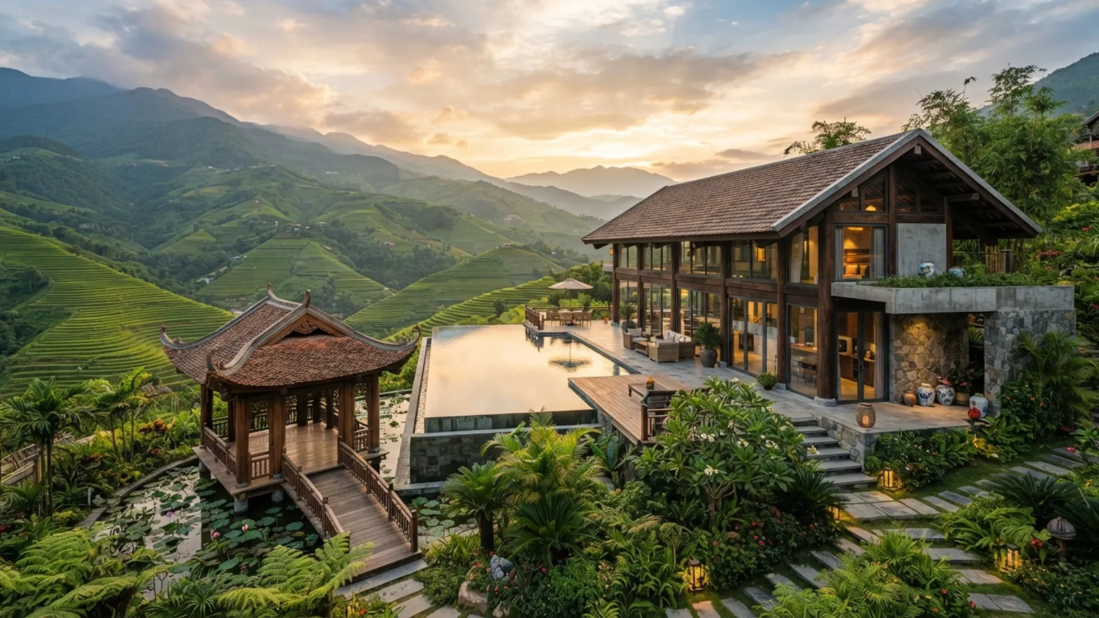 Modern Vietnamese villa overlooking rice terraces and mountains